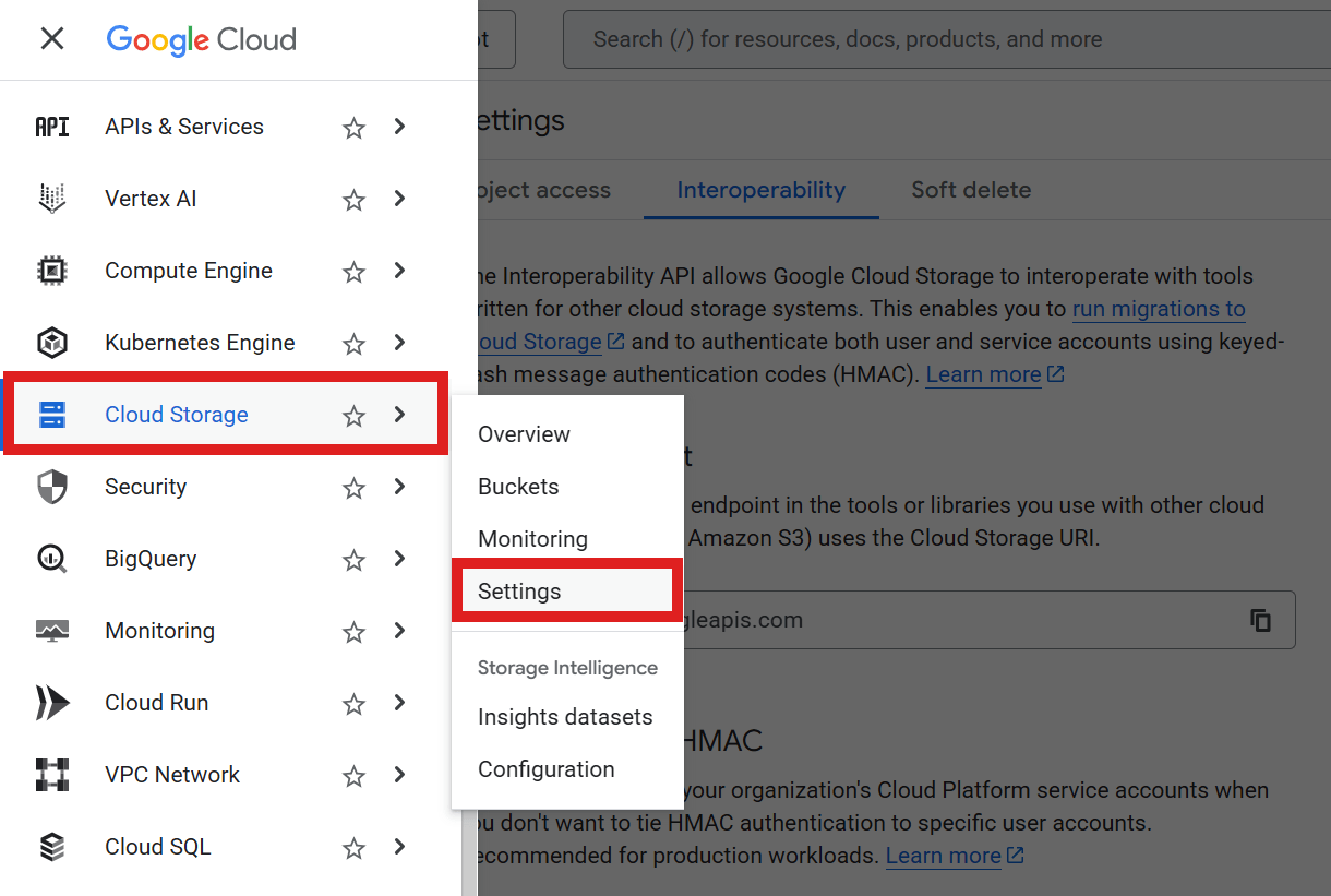 Google Cloud storage settings tab