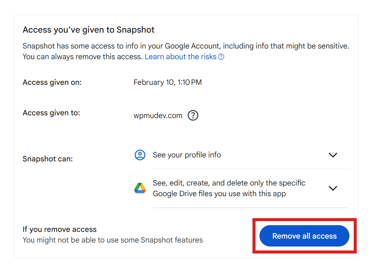 Remove Snapshot access to Google Drive