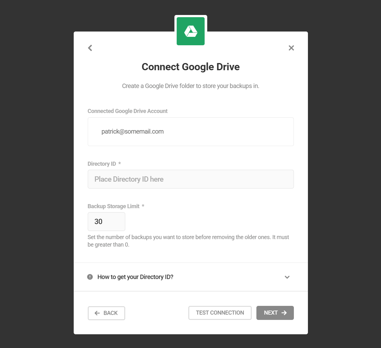 Enter Google Drive directory ID