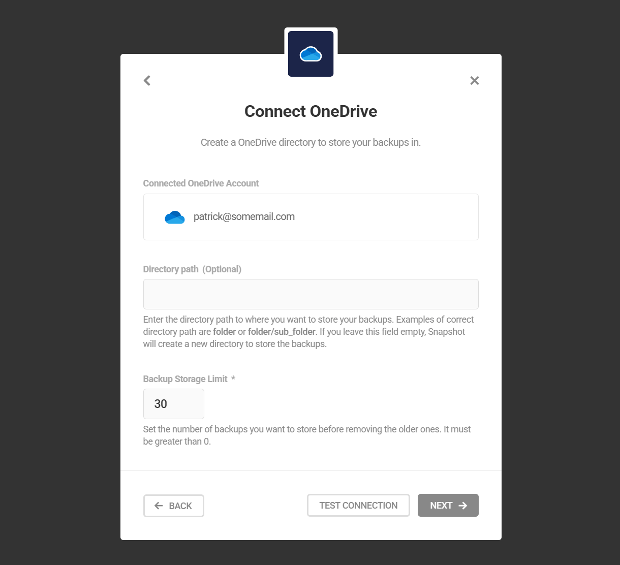 Adding the Directory Path and setting the backup storage limit in OneDrive