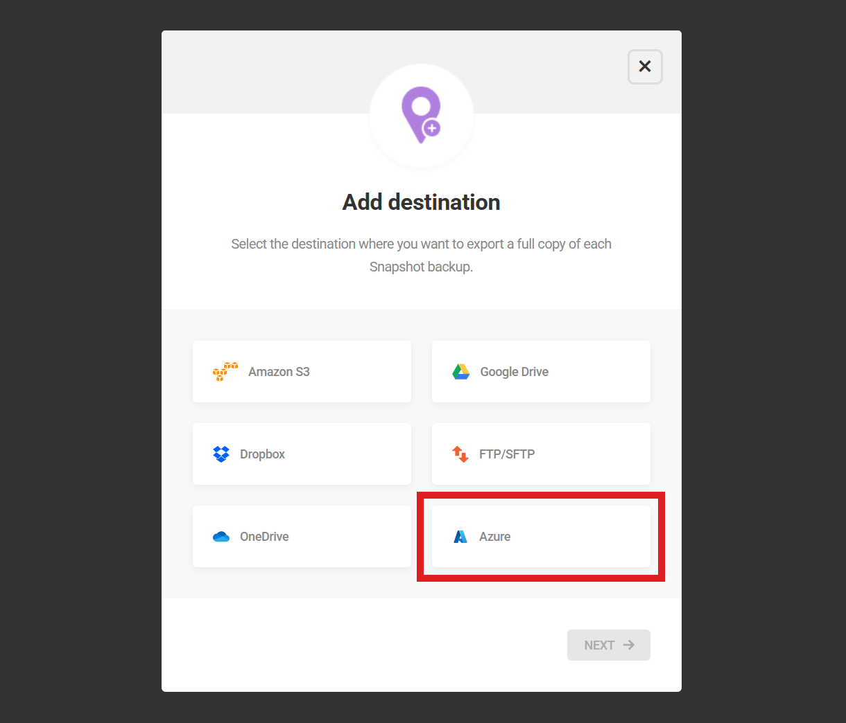 Configure Azure as a Snapshot destination