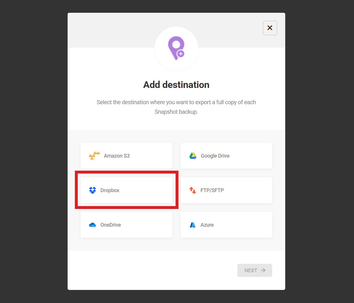 Configure Dropbox as a Snapshot destination