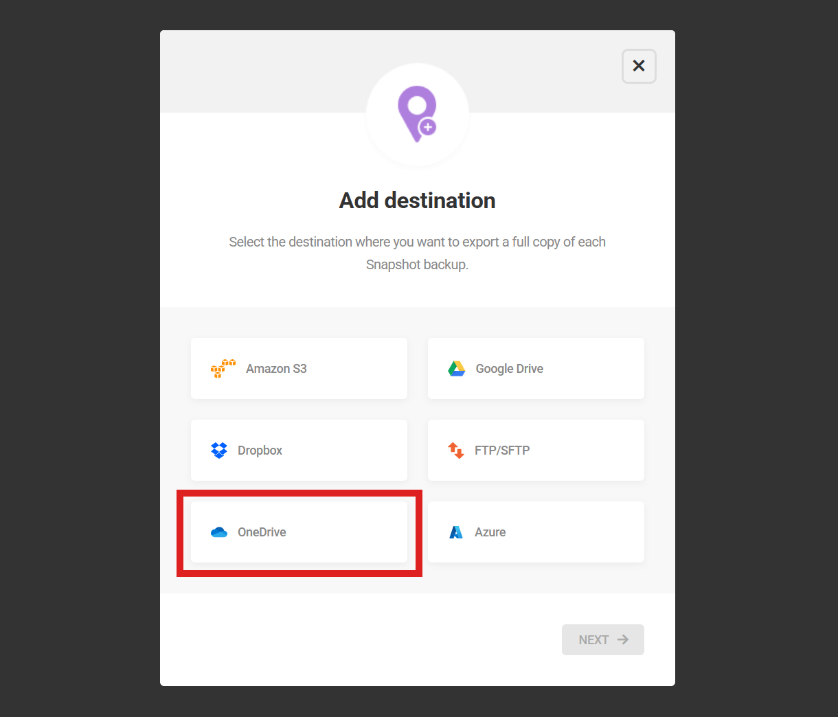 Configure OneDrive as a Snapshot destination