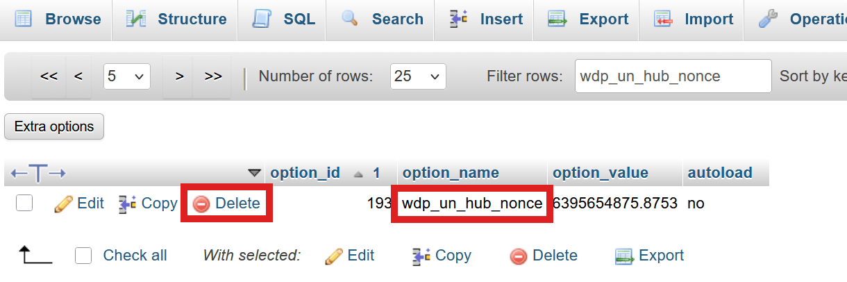 Delete the nonce in phpMyAdmin