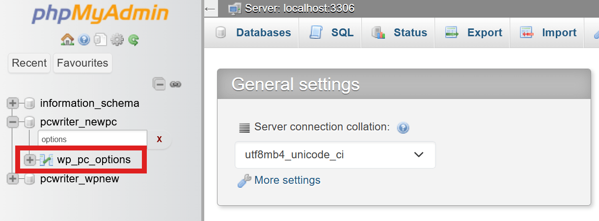 Select the options table in phpMyAdmin