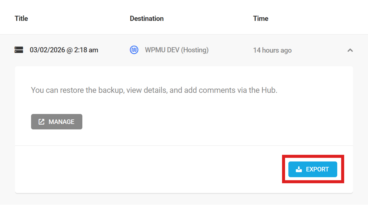 Details of a hosting backup in Snapshot