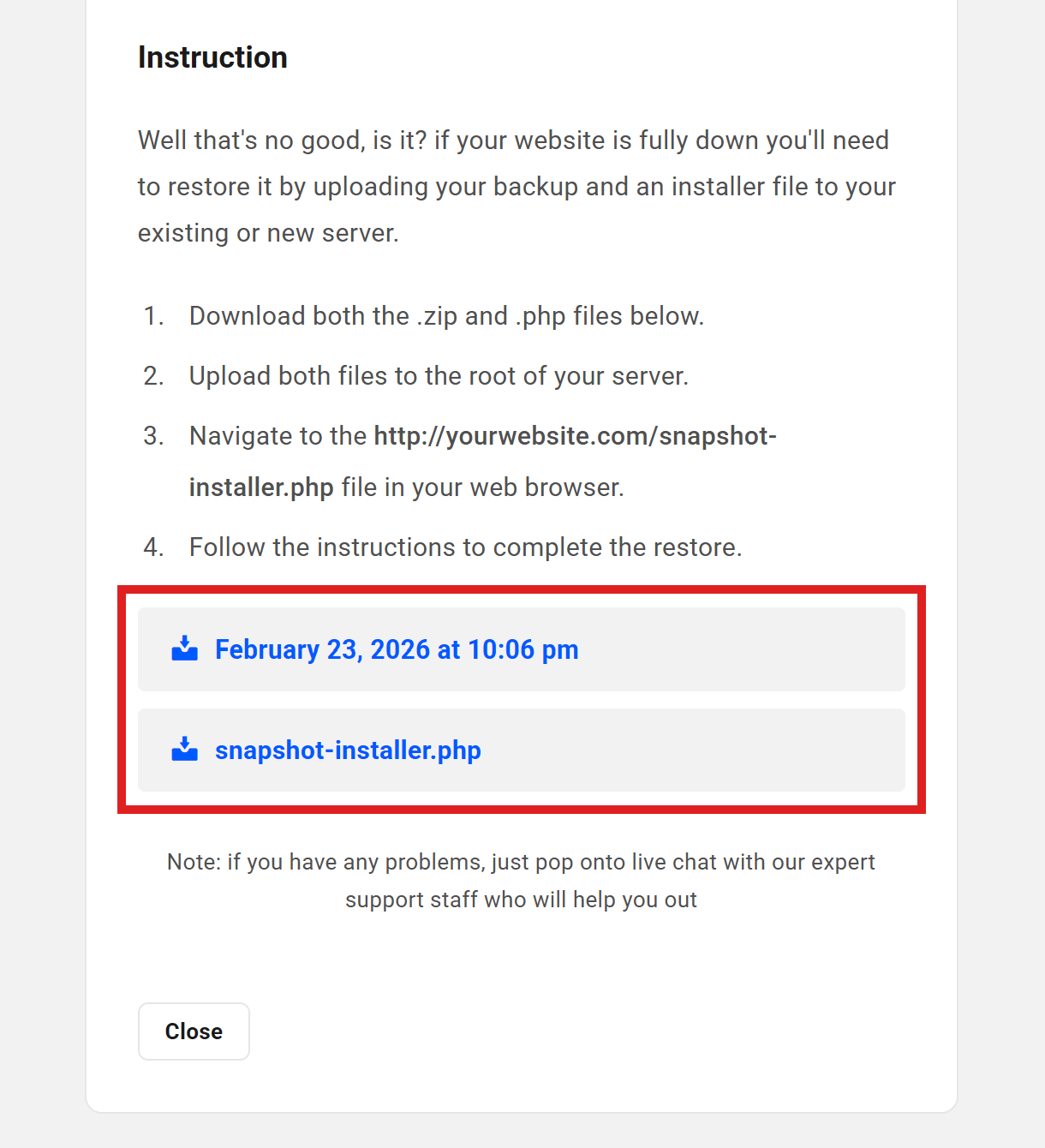 Restore Snapshot backup from The Hub when site is inaccessible