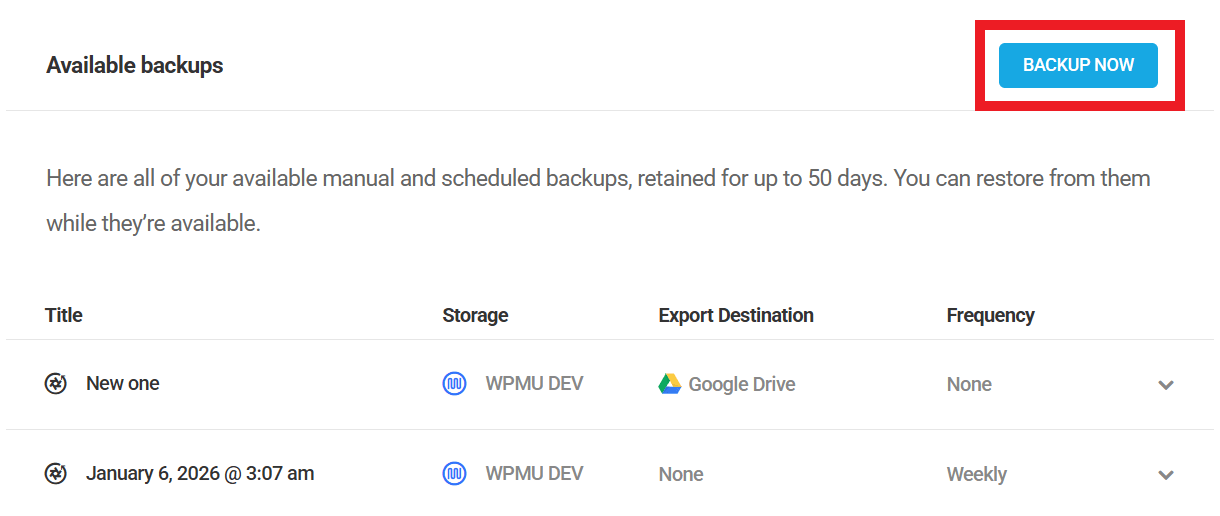 Create a manual backup in Snapshot