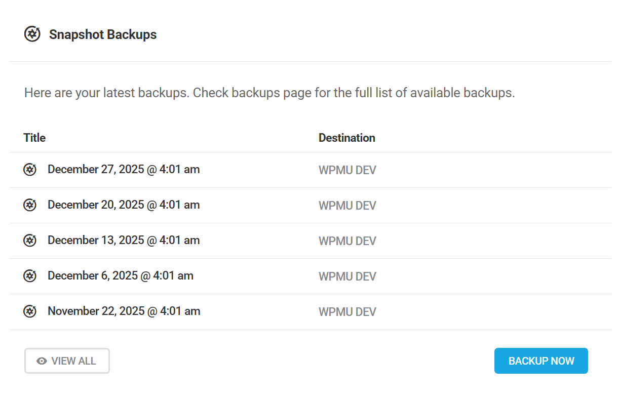 Overview of backups in Snapshot 4.0 dashboard