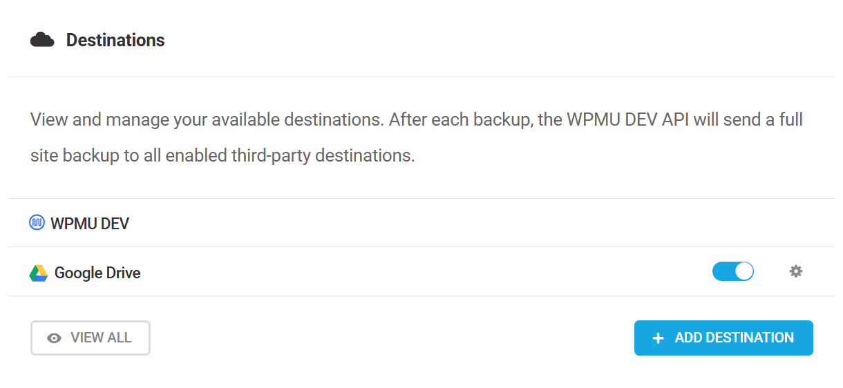Overview of destinations in Snapshot 4.0 dashboard