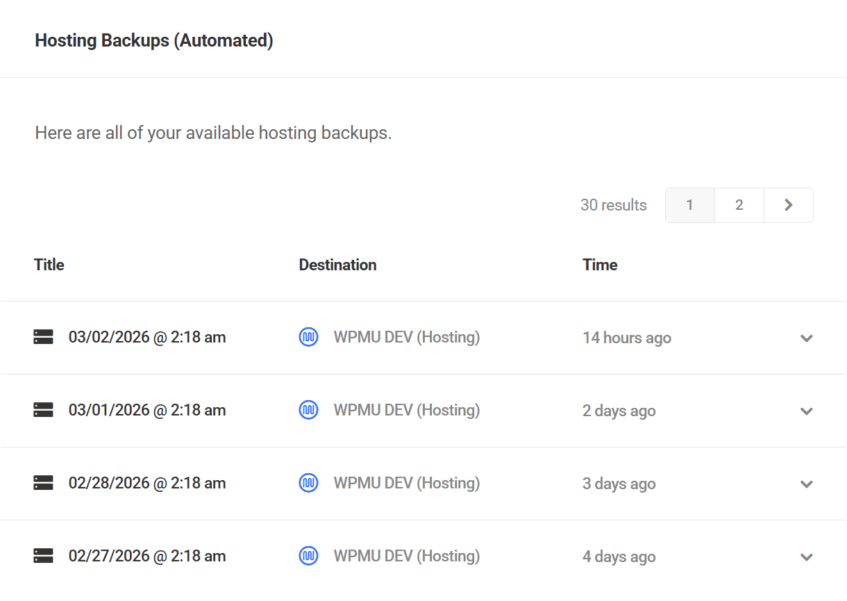 Available hosting backups in Snapshot
