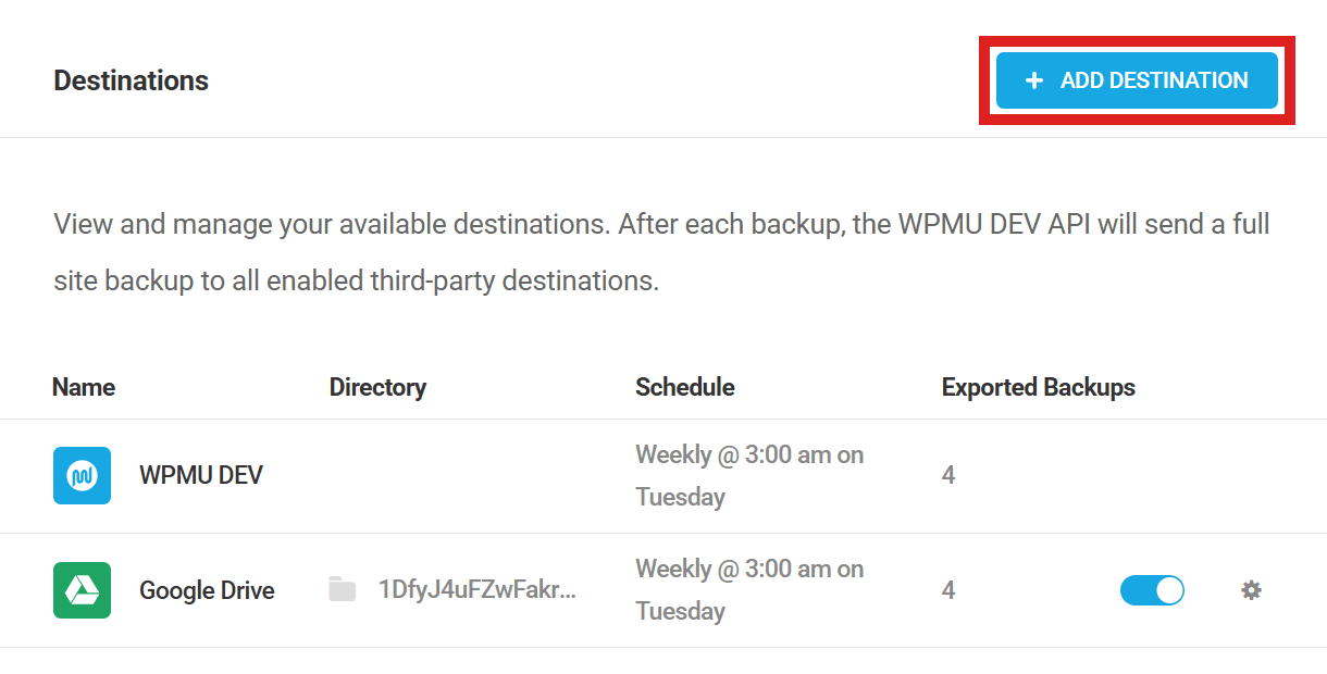 Add a new backup destination in Snapshot
