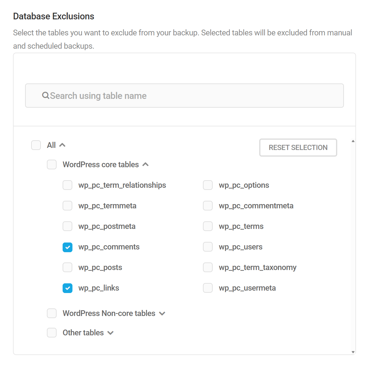Snapshot Database Exclusions