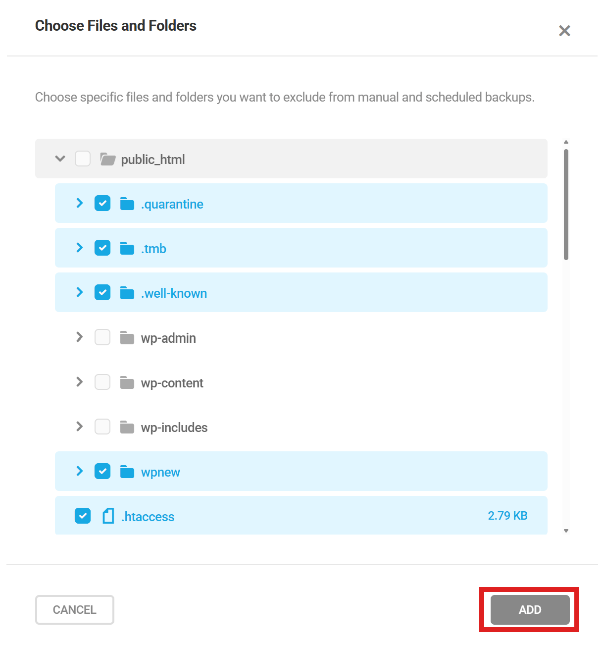 Snapshot global file exclusions selections