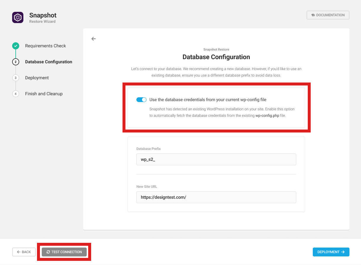 Use existing database in Snapshot installer wizard