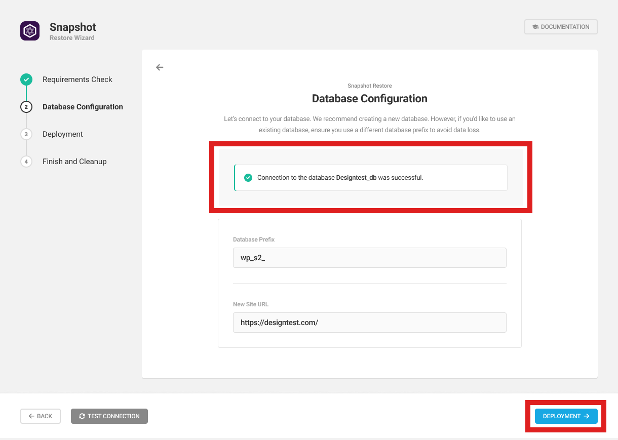 Successful database connection in Snapshot installer wizard