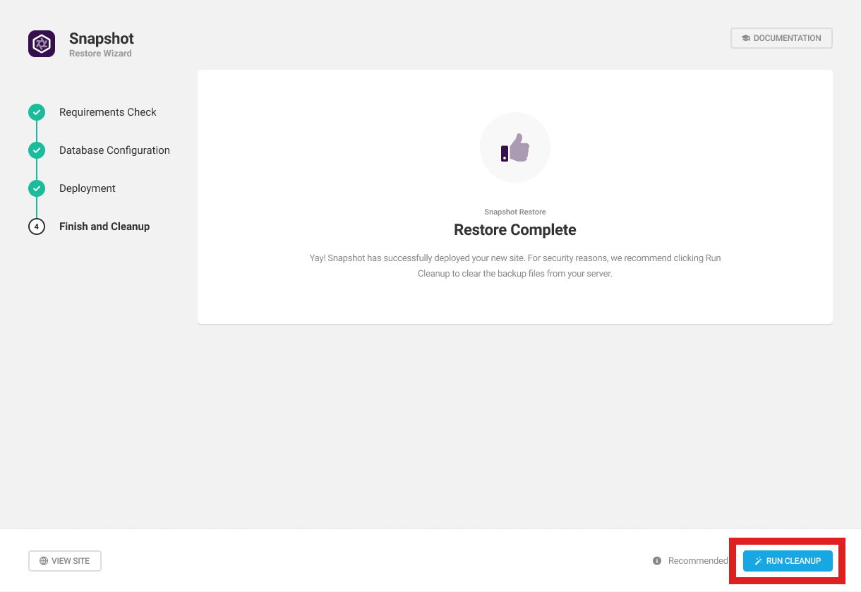 Deployment complete in Snapshot installer wizard