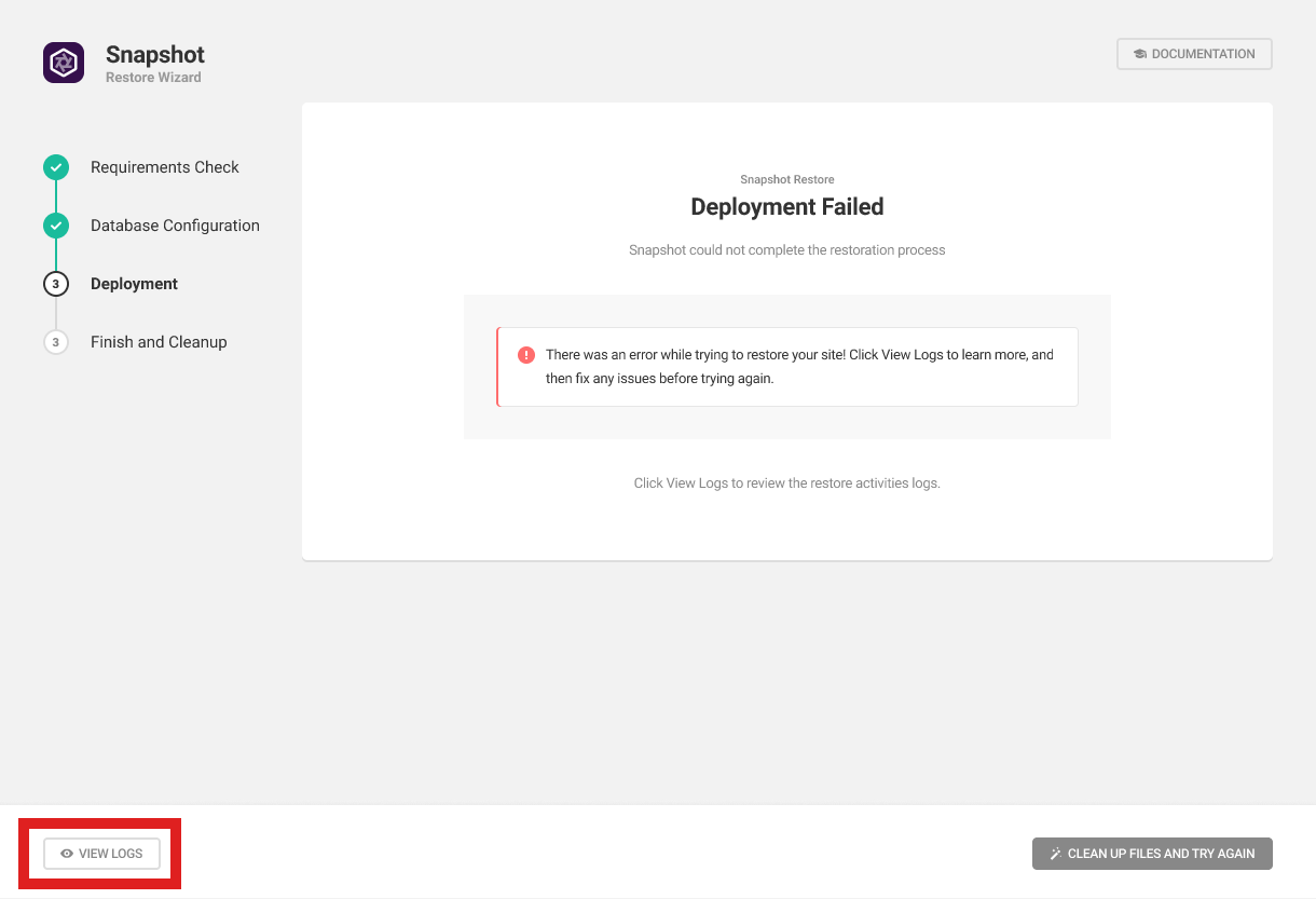 Deployment failed in Snapshot installer wizard