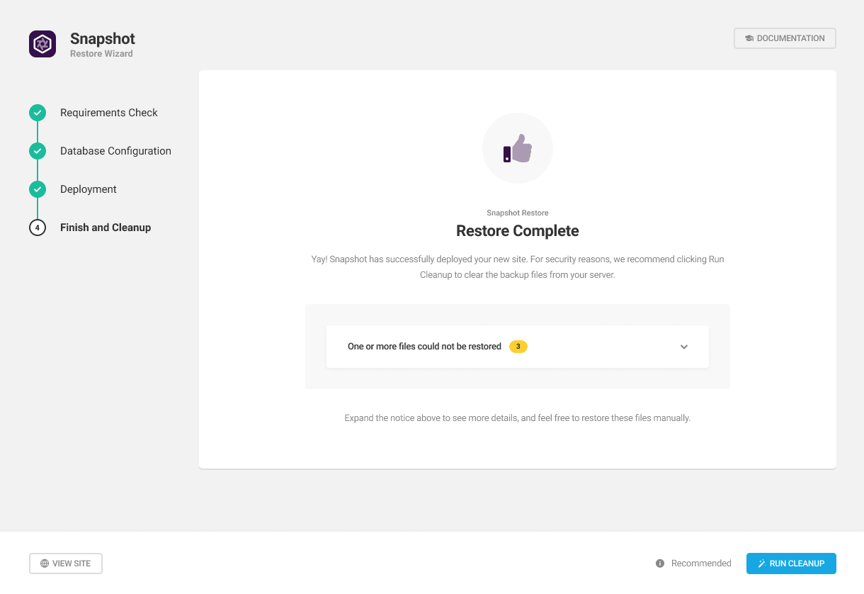 Deployment skipped files in Snapshot installer wizard