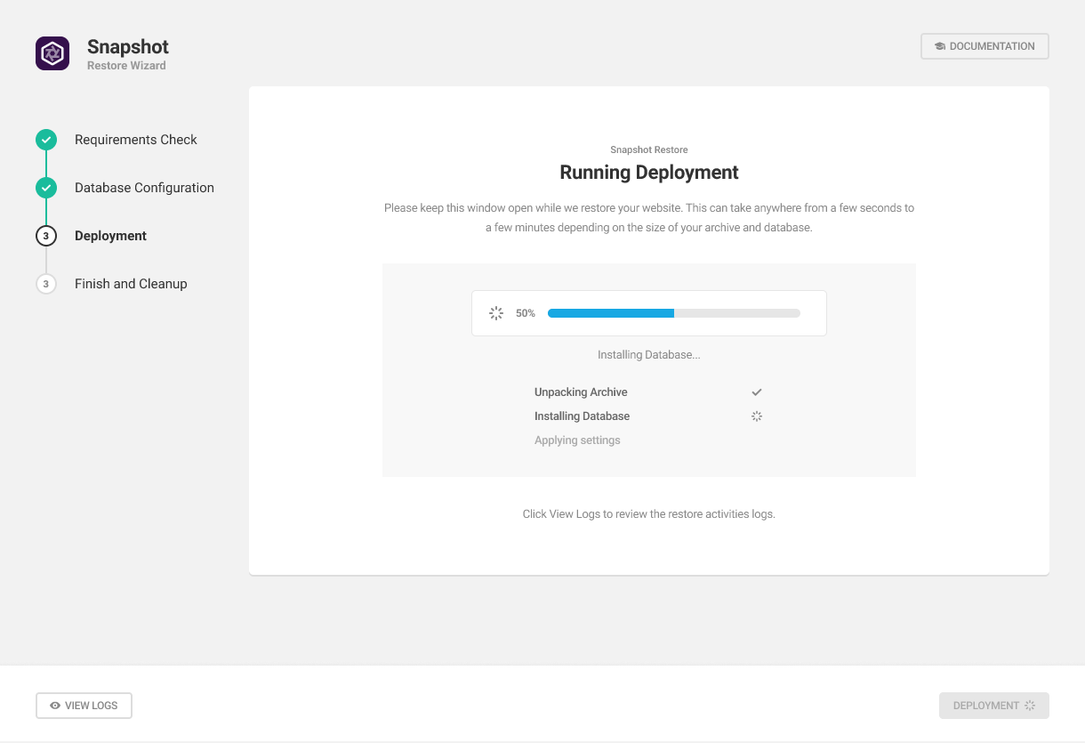 Backup deployment in Snapshot installer wizard