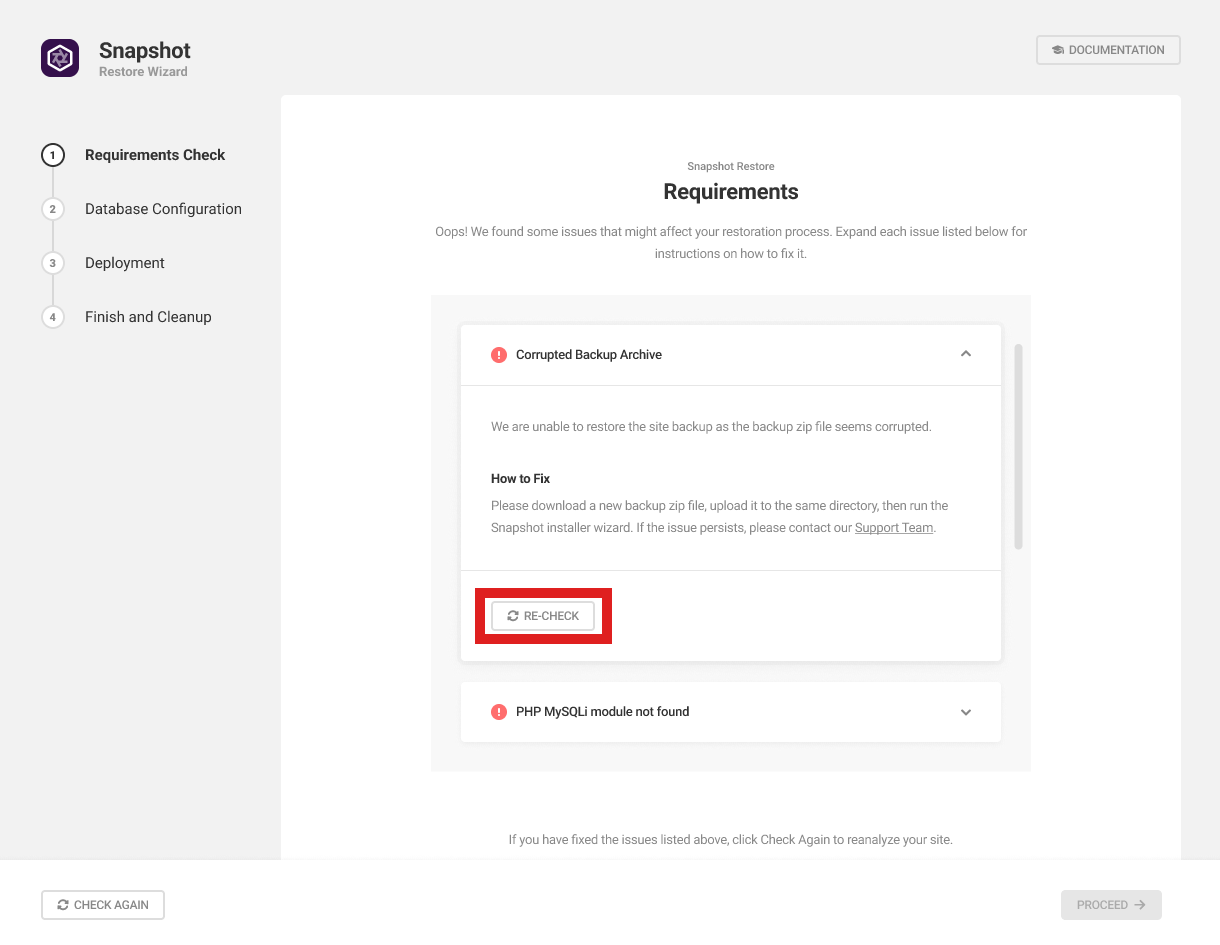 Details of issue found by the Snapshot installer wizard