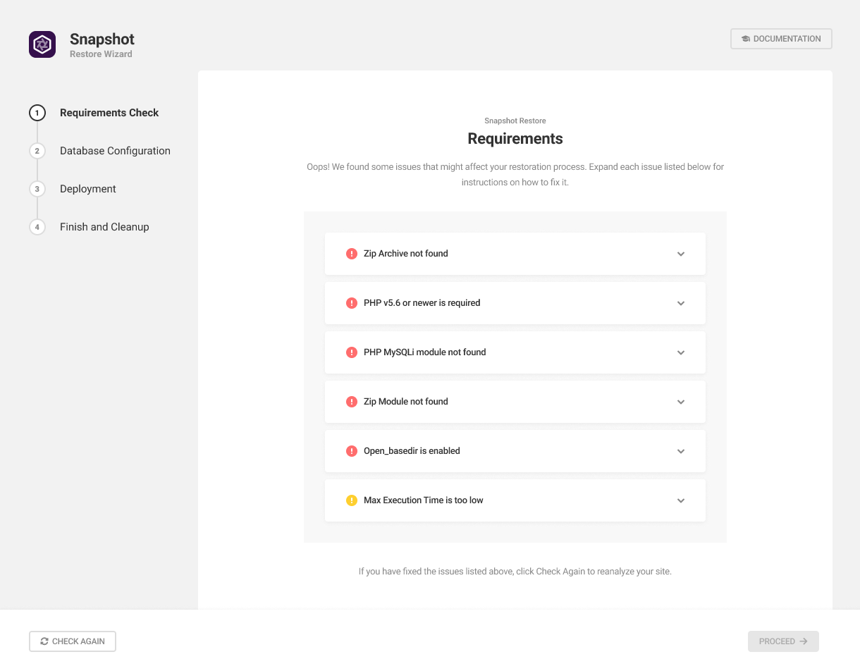 Issues found by the Snapshot installer wizard