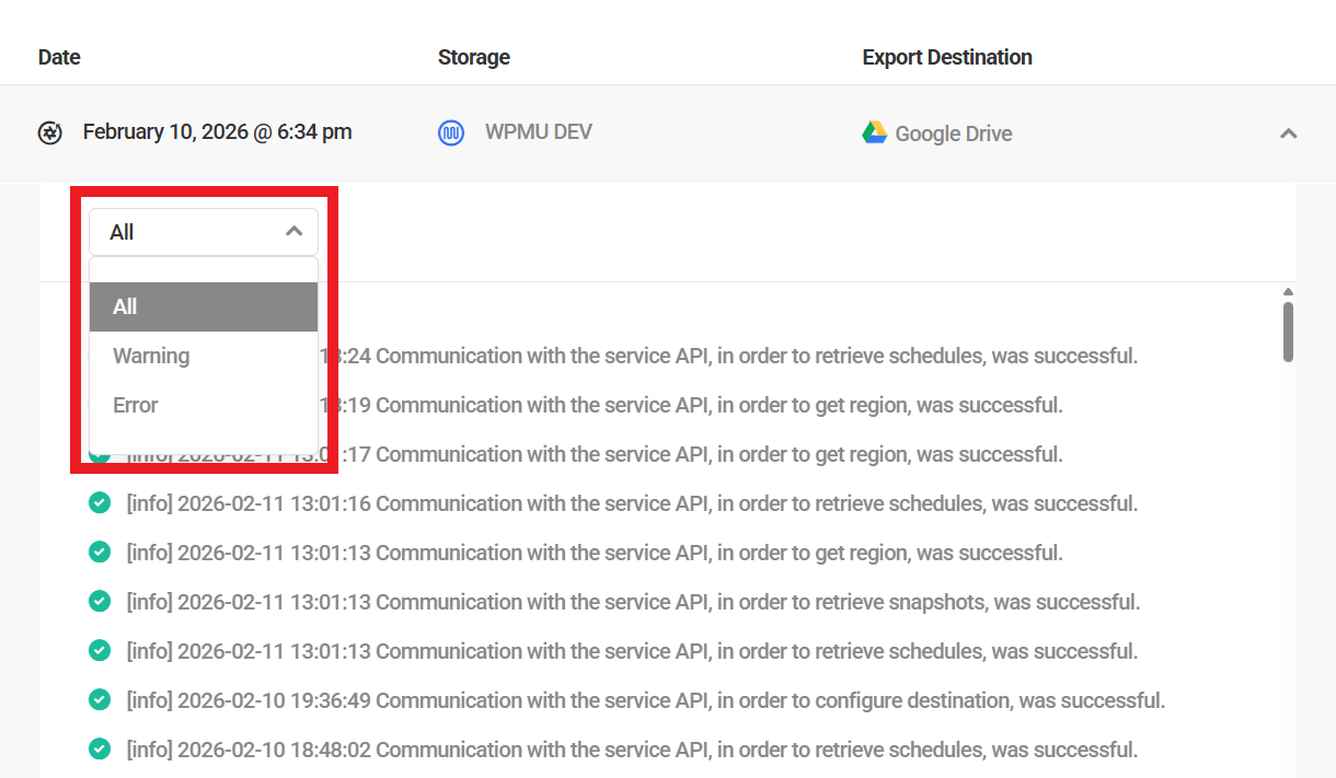 Filter backup logs in Snapshot