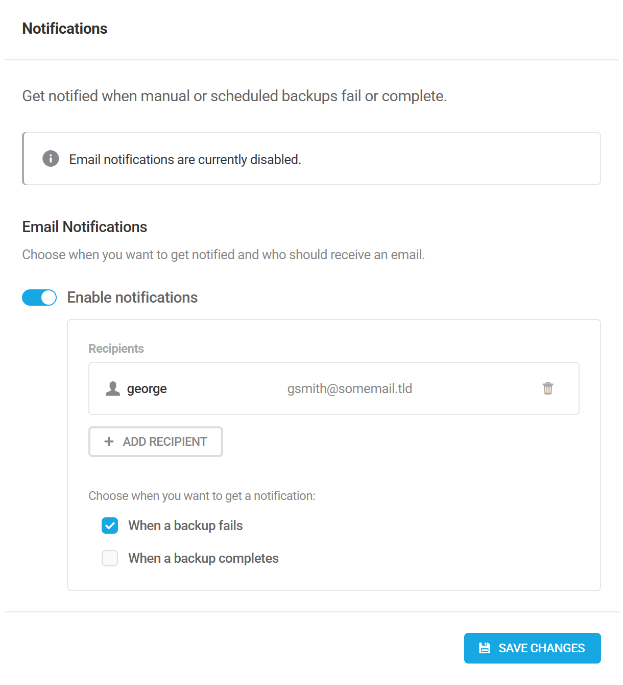 Notifications settings for Snapshot backups