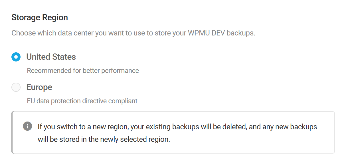 Select WPMU DEV cloud storage region in Snapshot