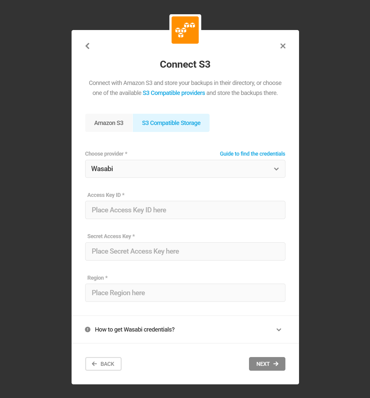 Wasabi credentials needed to connect
