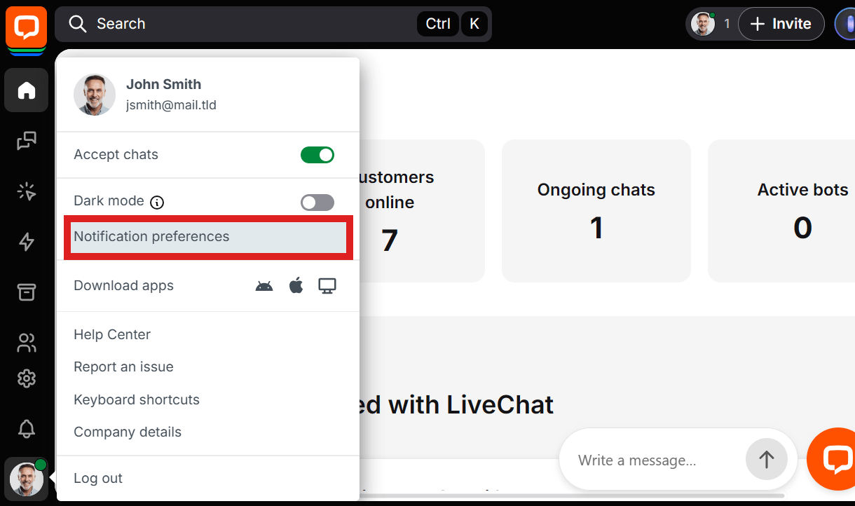 Notifications settings in LiveChat account