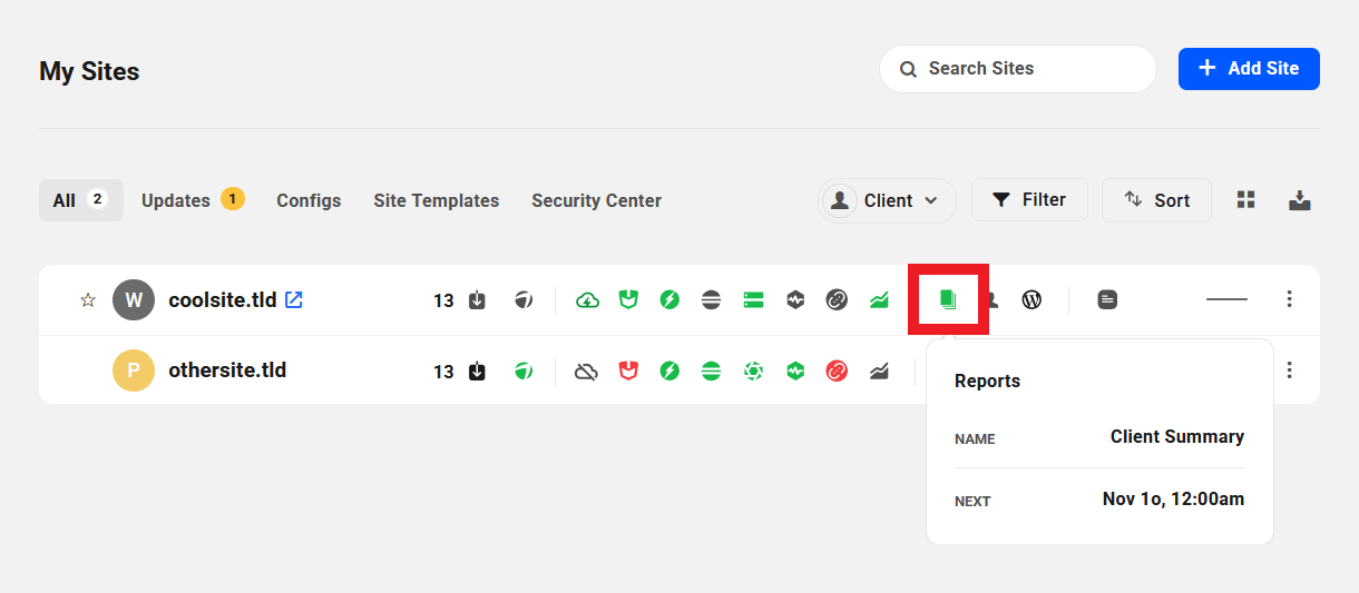 Reports enabled for a site in The Hub