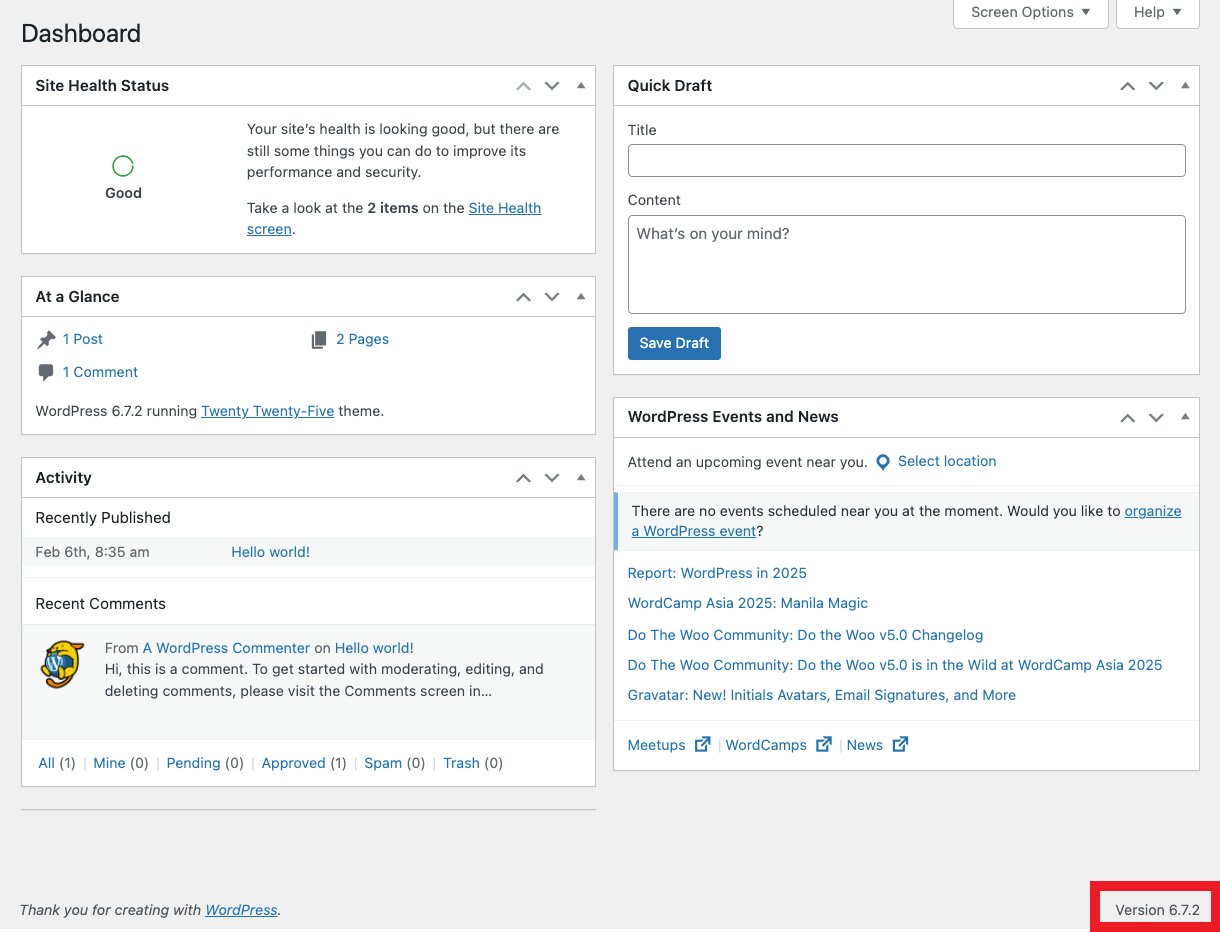 WordPress version on wp admin
