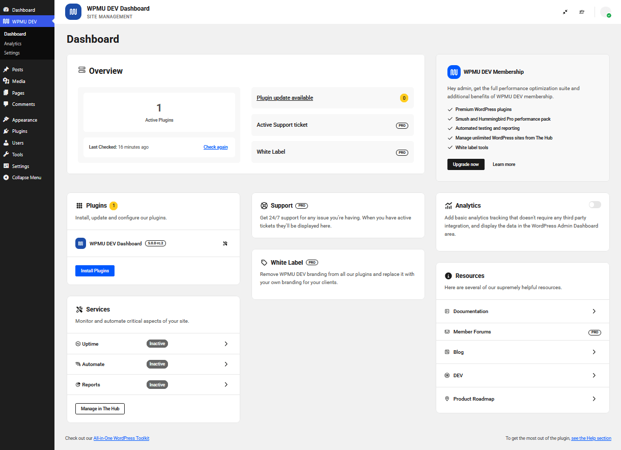 WPMU DEV Dashboard as a free Hub user