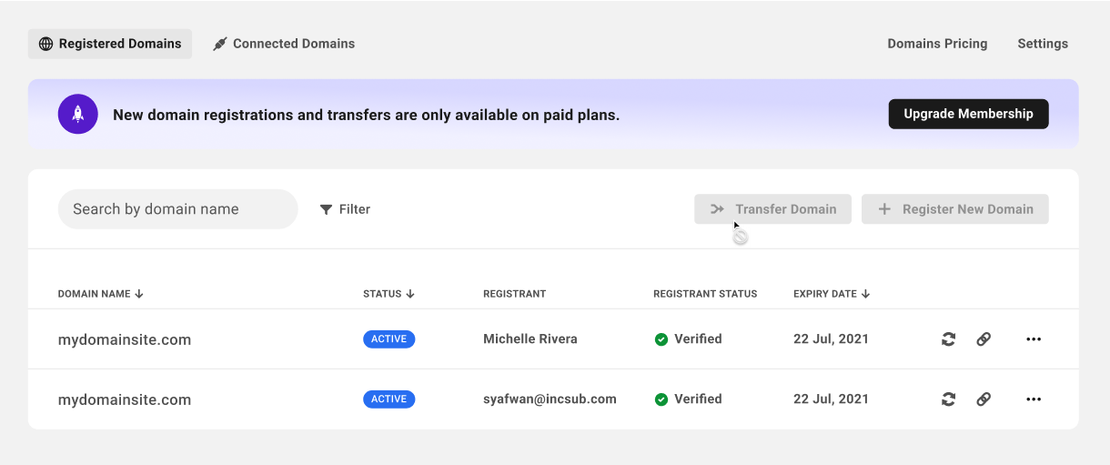Accessing existing domains in the Free Hub Domains manager