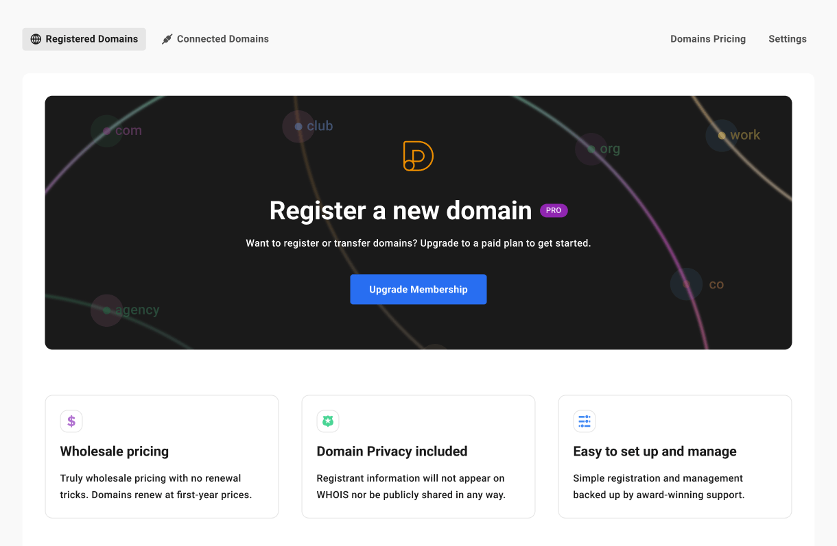 The Domains manager in The Hub