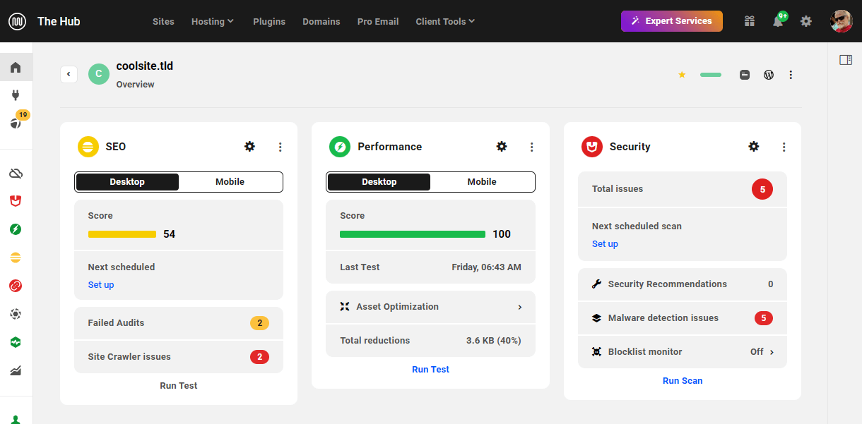 Site overview screen in the free Hub