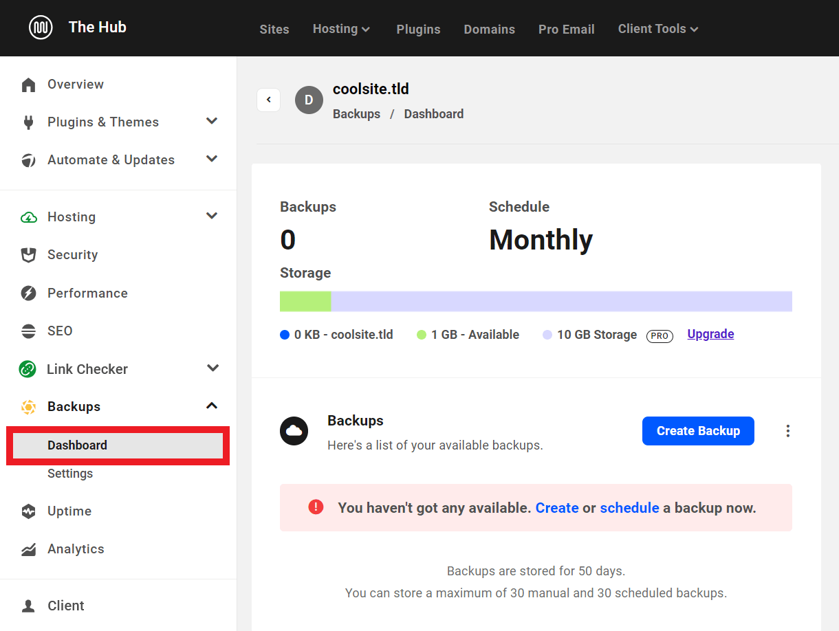 Snapshot backups in the free Hub
