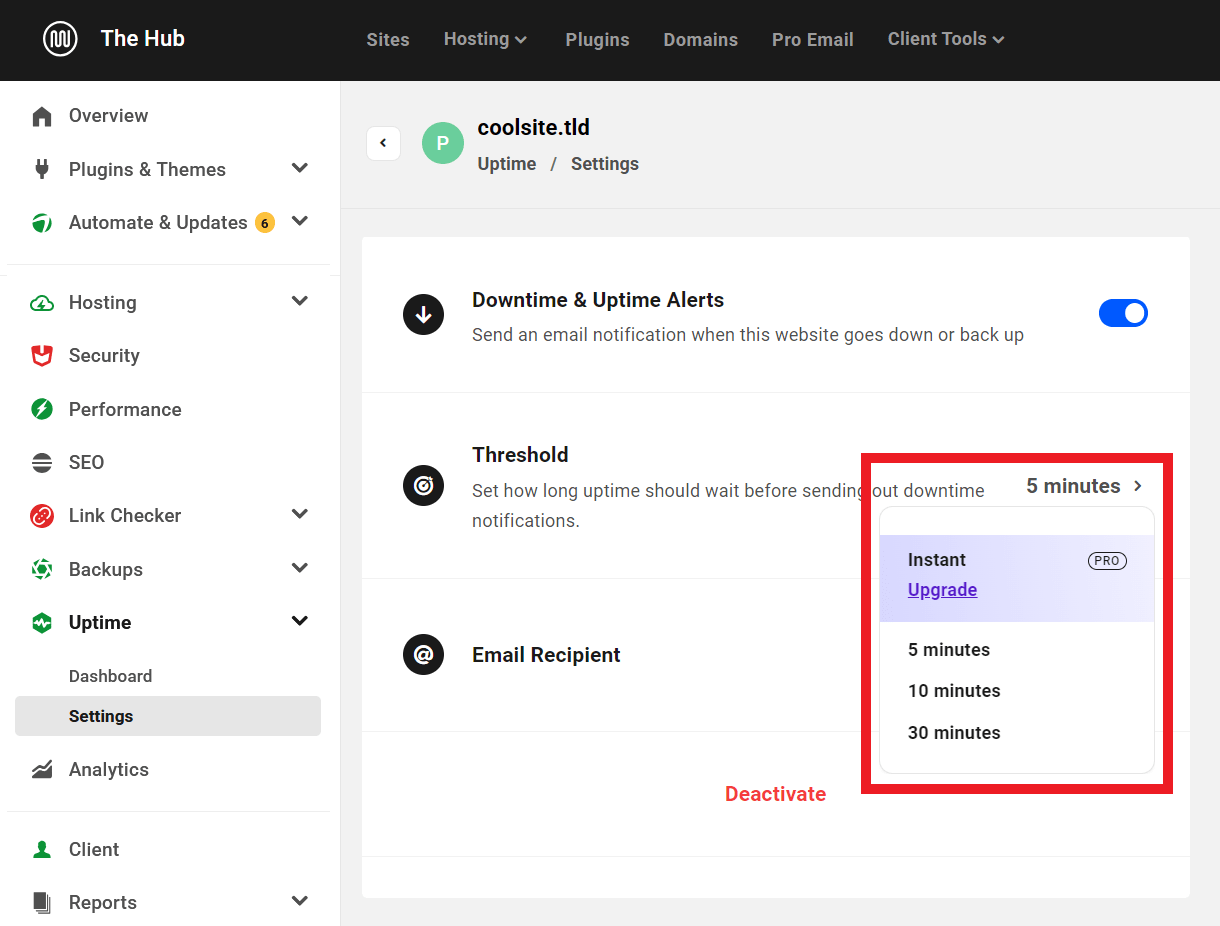 Uptime settings in the Free Hub