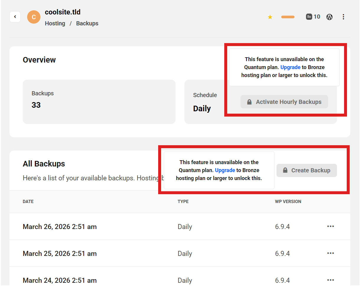 Manual and Hourly backups not available on Quantum sites