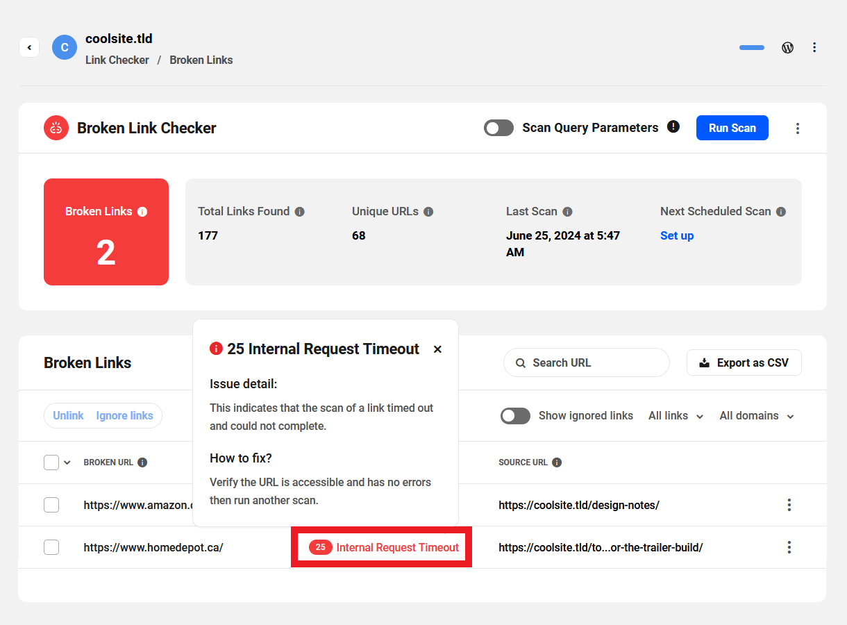 Broken link status information
