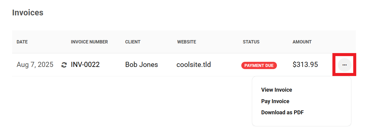 Allows the user to access management options for site invoices