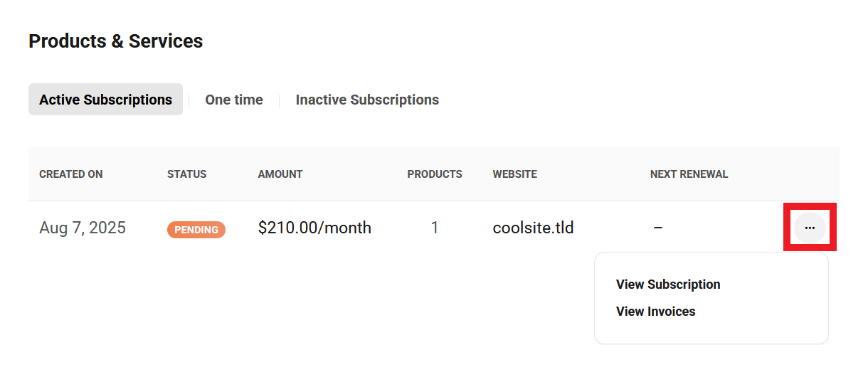 Allows the user to access management options for existing site products