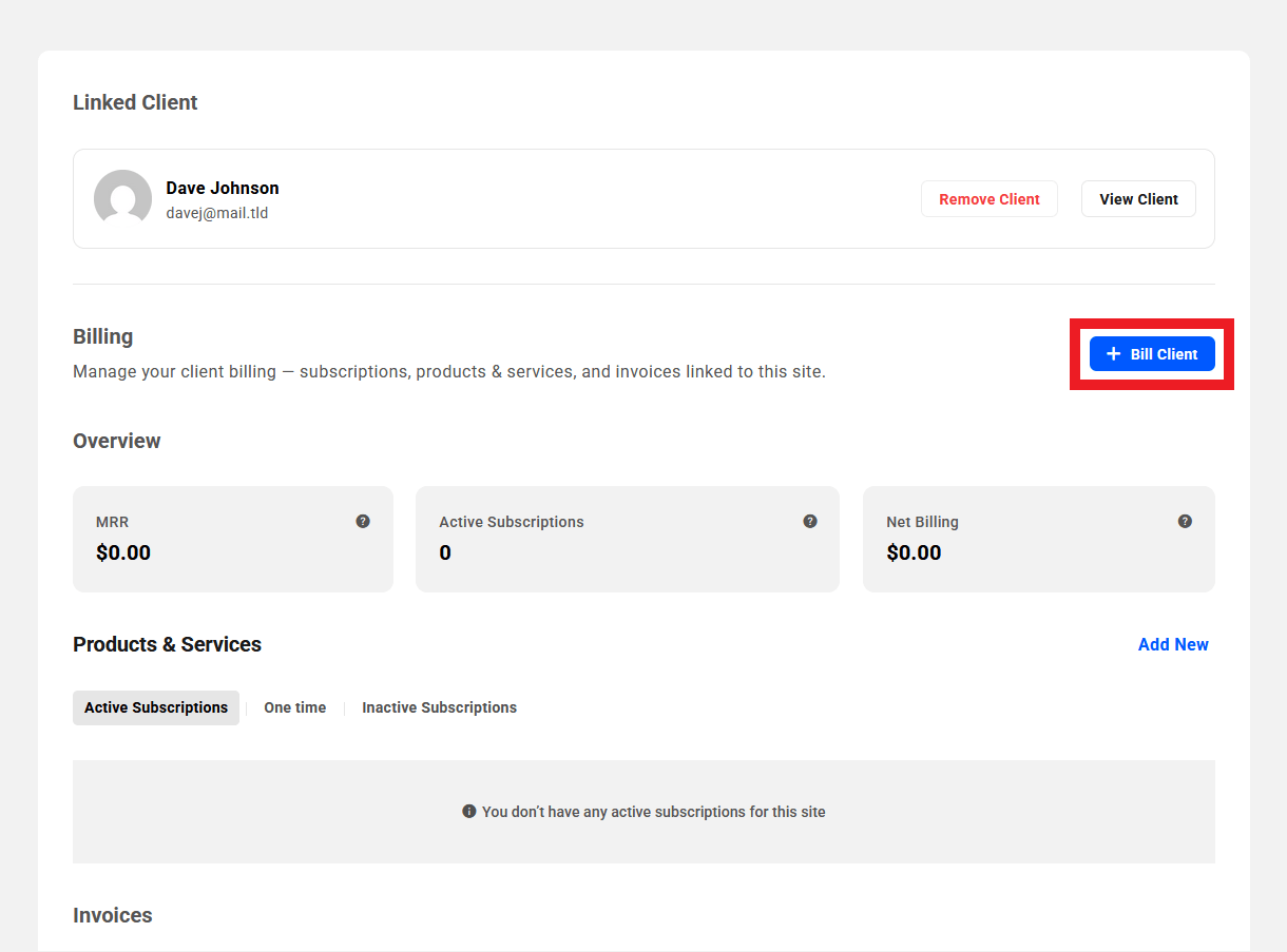 Allows the team member to create and send new invoices to clients in the Client area of sites