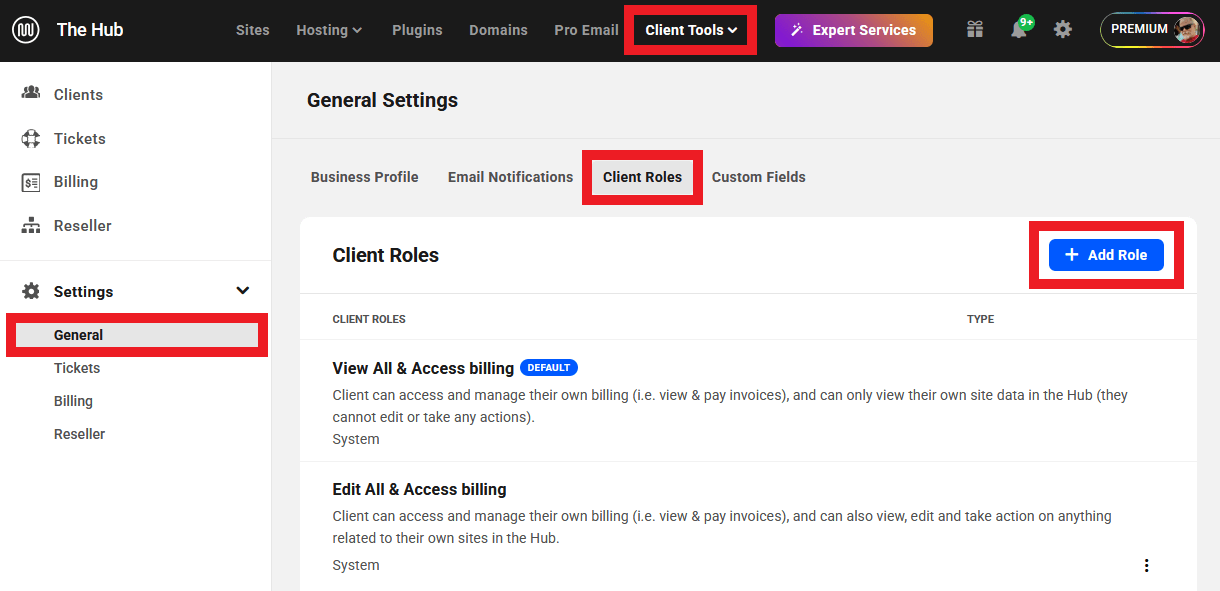 Create a new client role in the Hub