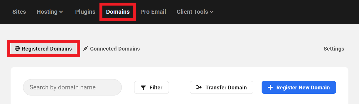 Allows the user to access the Registered Domains area in the Domains manager