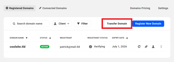 hub domains registered transfer