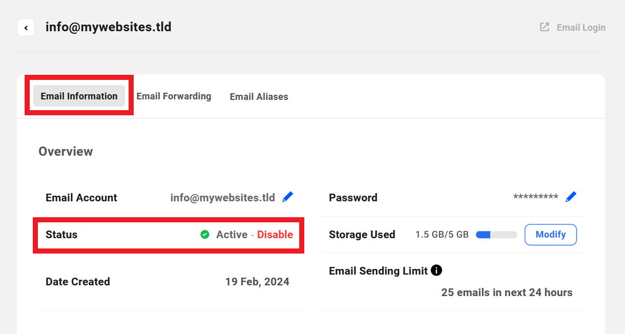 Allows the team member to enable and disable domain email accounts