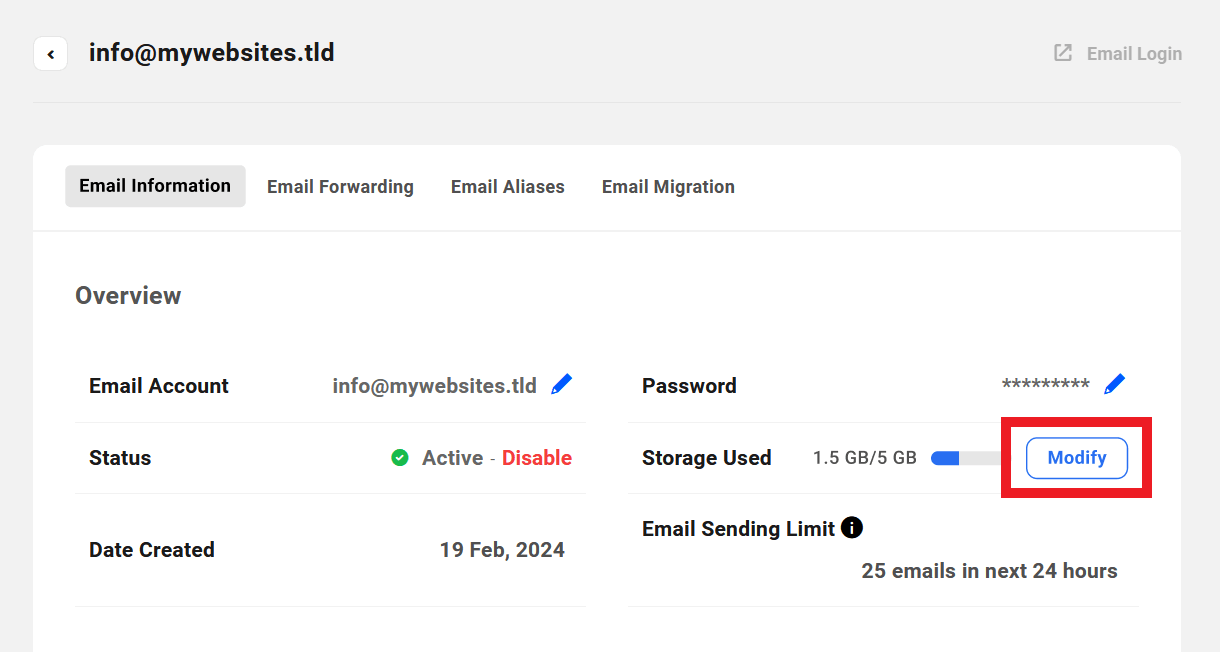 Modify the storage plan for a Pro Email account