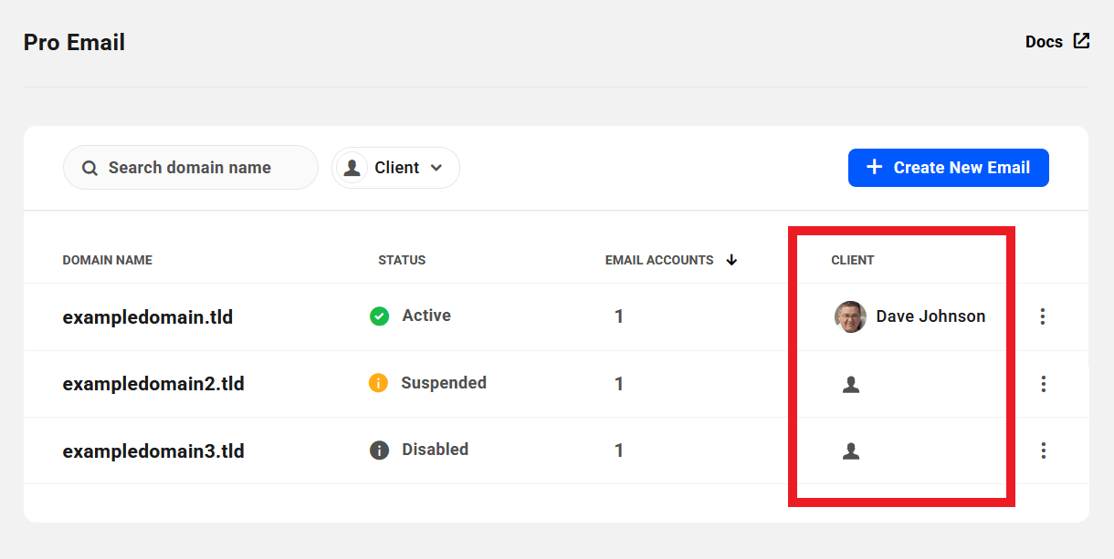 Client column in the Pro Email overview tab